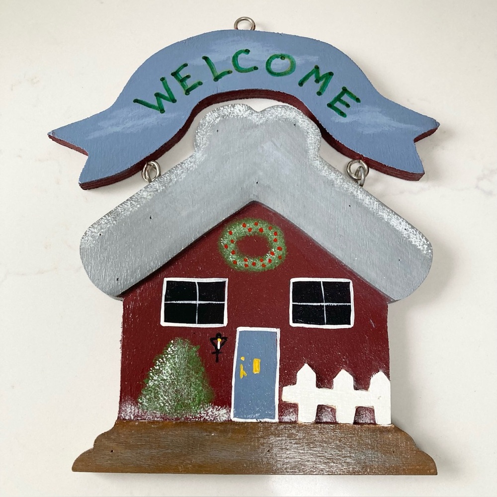 Hand Painted Welcome Sign Wall Hanging - Winter, Holiday Scene